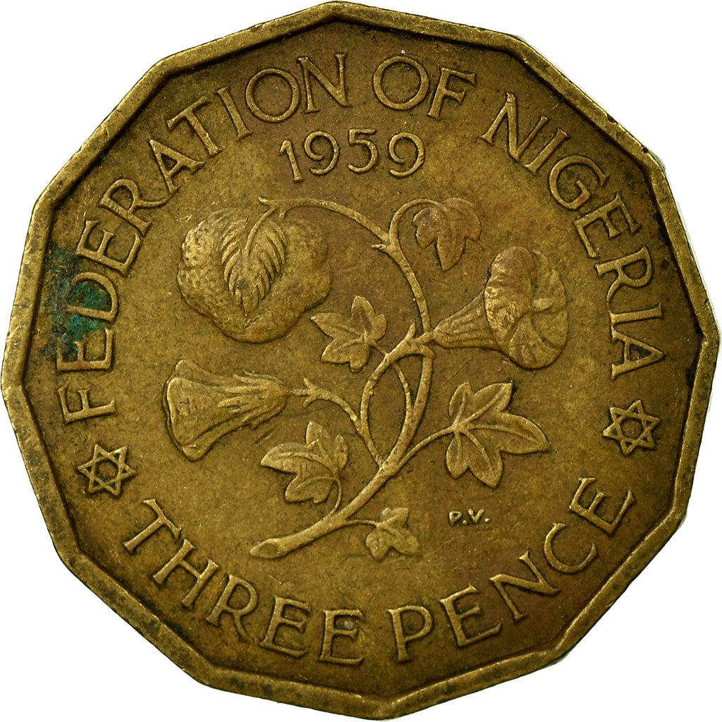 Coin, Nigeria, Elizabeth II, 3 Pence, 1959, EF(40-45), Nickel-brass, KM:3