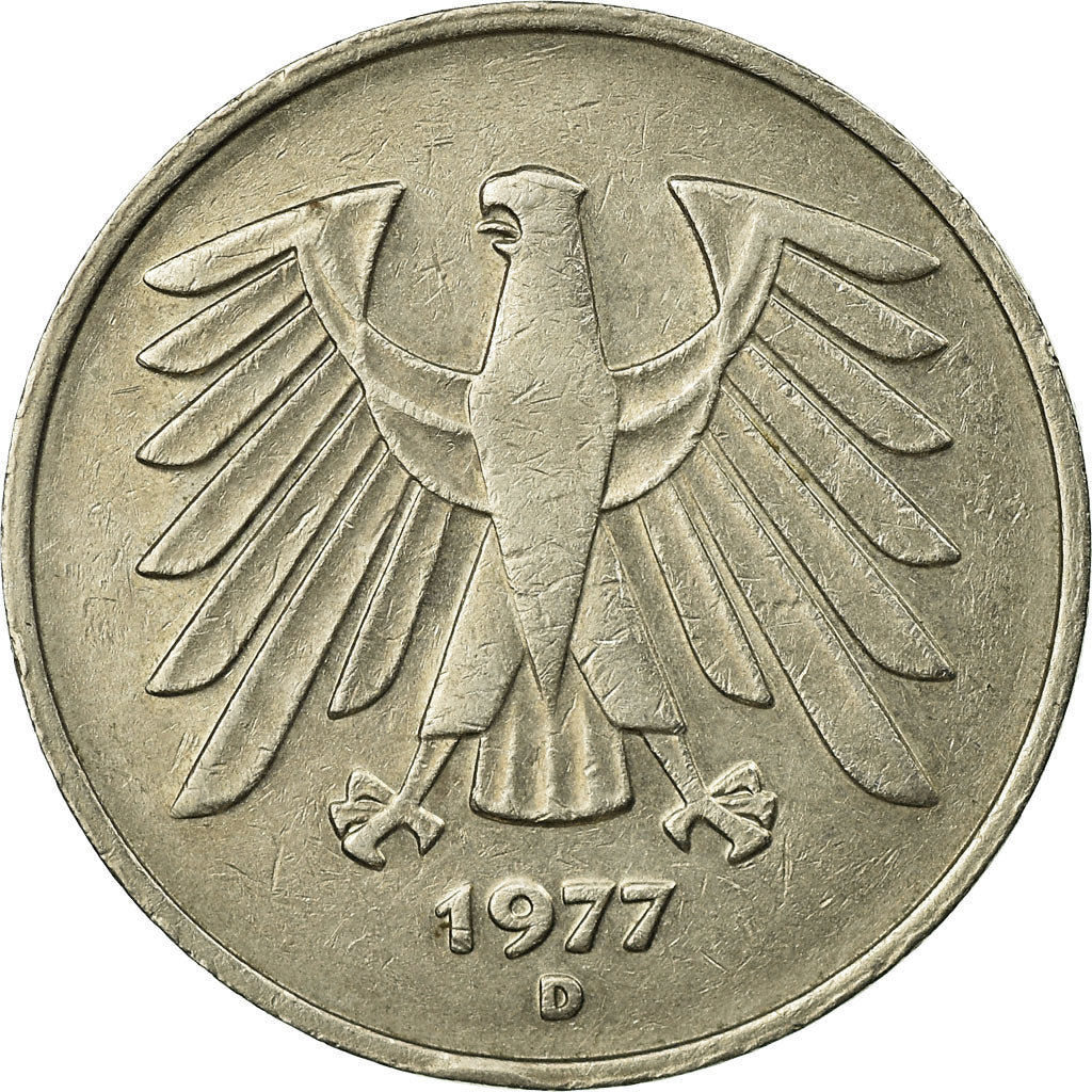Coin, GERMANY - FEDERAL REPUBLIC, 5 Mark, 1977, Munich, EF(40-45), Copper-Nickel