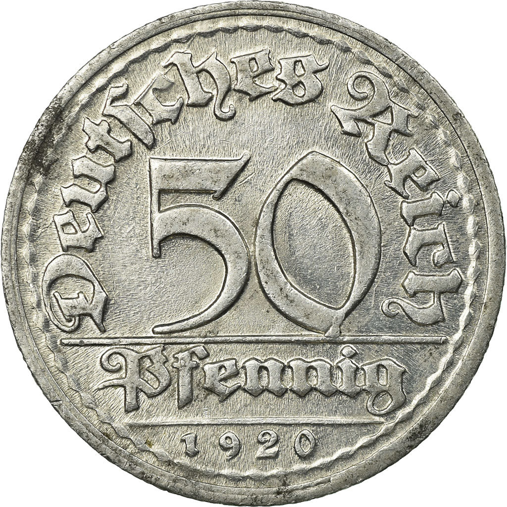 Coin, GERMANY, WEIMAR REPUBLIC, 50 Pfennig, 1920, Munich, EF(40-45), Aluminum