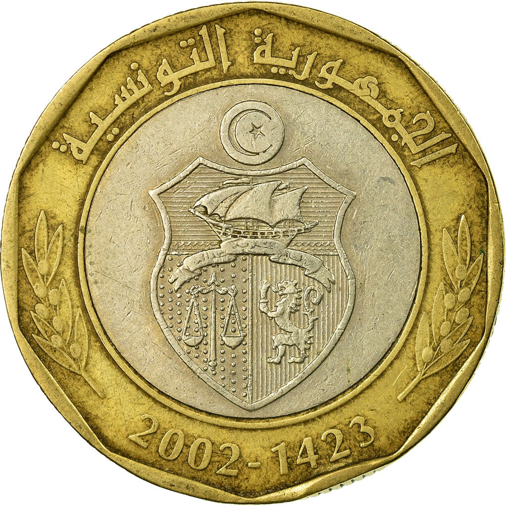 Coin, Tunisia, 5 Dinars, 2002/AH1423, Paris, EF(40-45), Bi-Metallic, KM:350