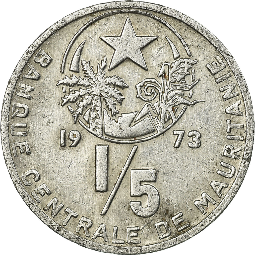 Moneda, Mauritania, 1/5 Ouguiya, Khoums, 1973/AH1393, MBC, Aluminio, KM:1