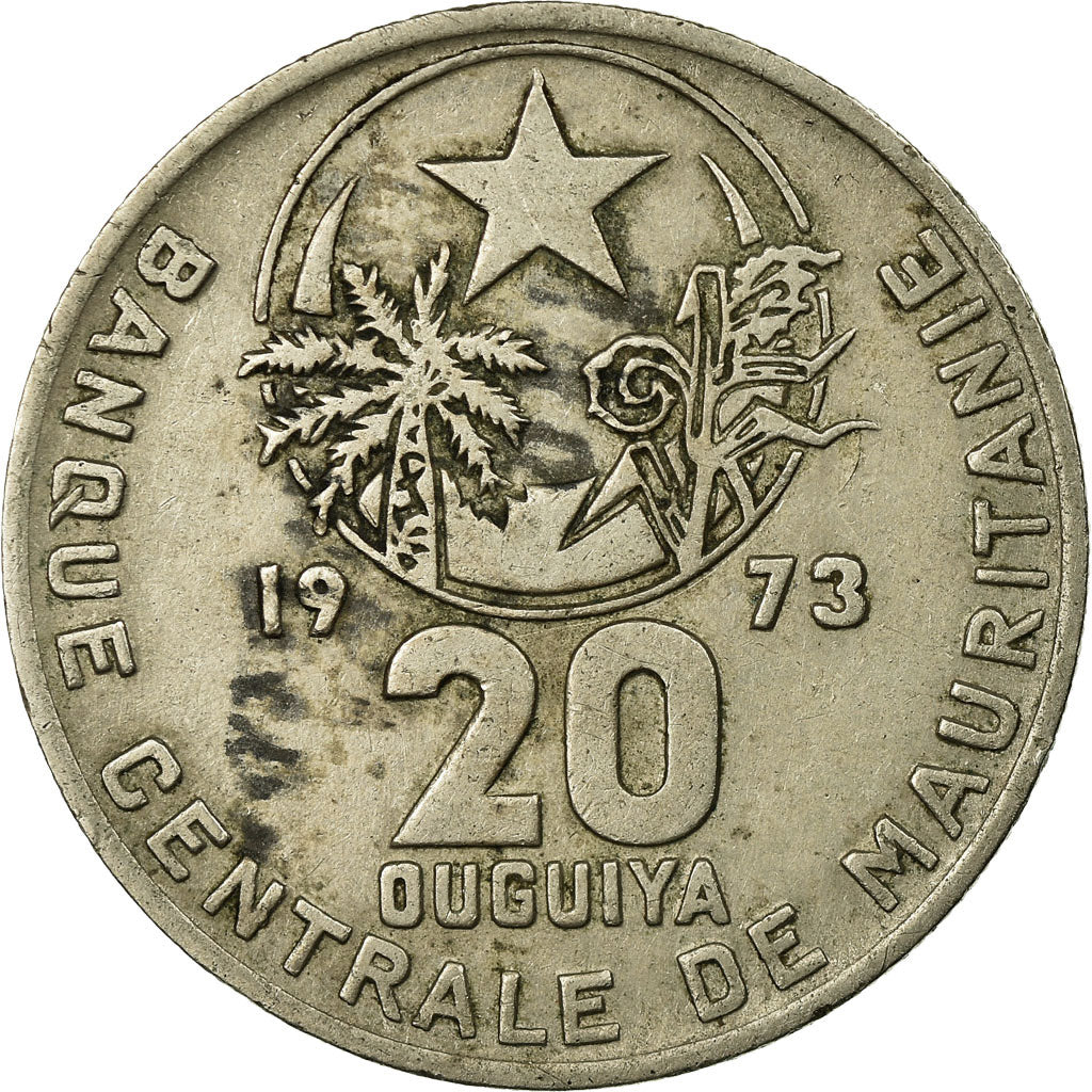 Coin, Mauritania, 20 Ouguiya, 1973/AH1393, VF(30-35), Copper-nickel, KM:5
