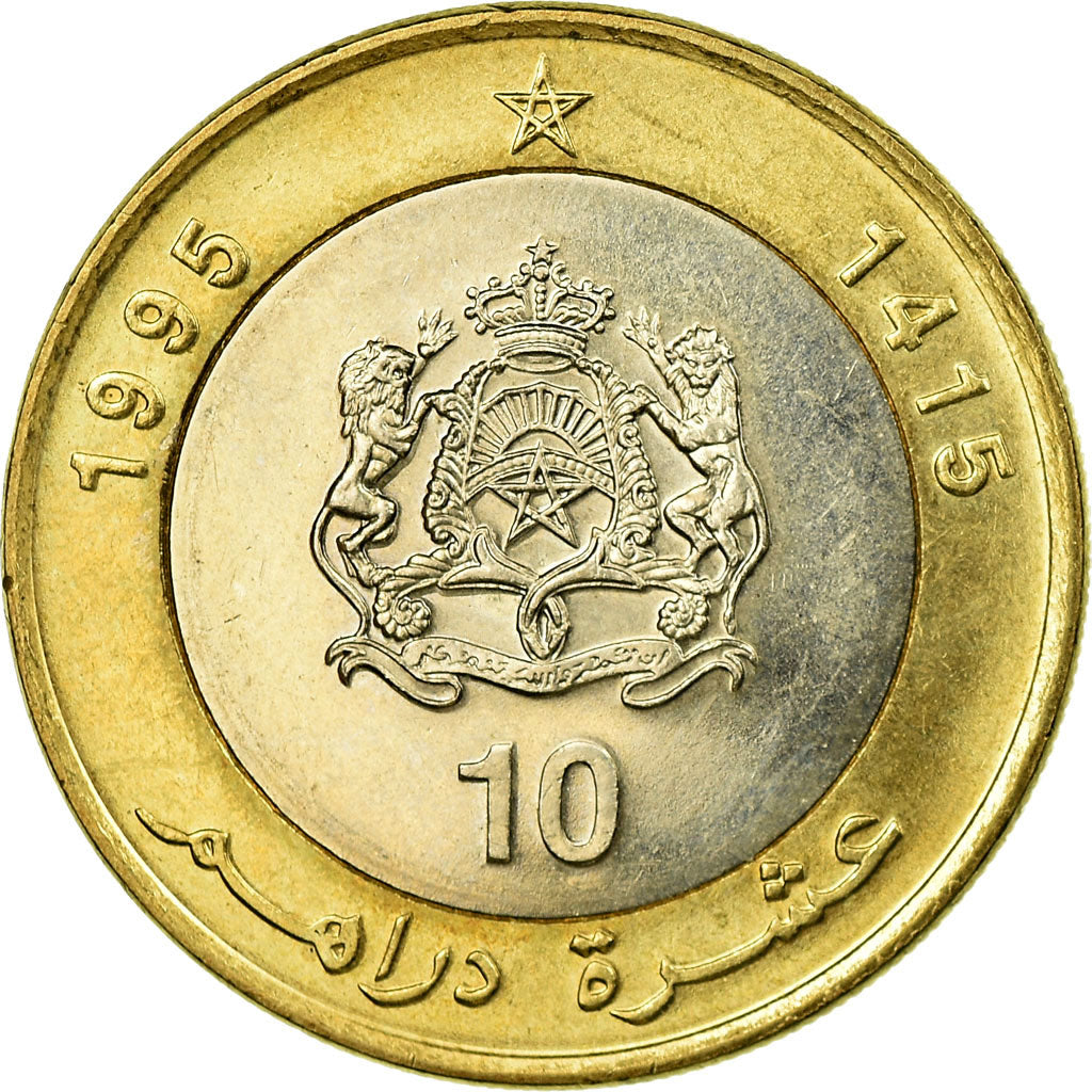 Coin, Morocco, al-Hassan II, 10 Dirhams, 1995/AH1415, Paris, AU(55-58)