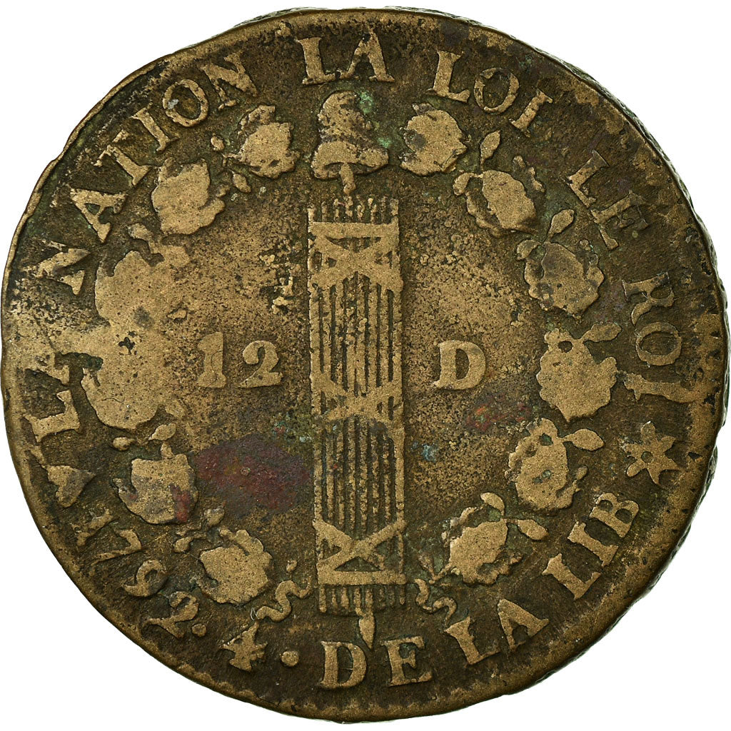 Moneda, Francia, 12 deniers français, 12 Deniers, 1792, Strasbourg, BC+