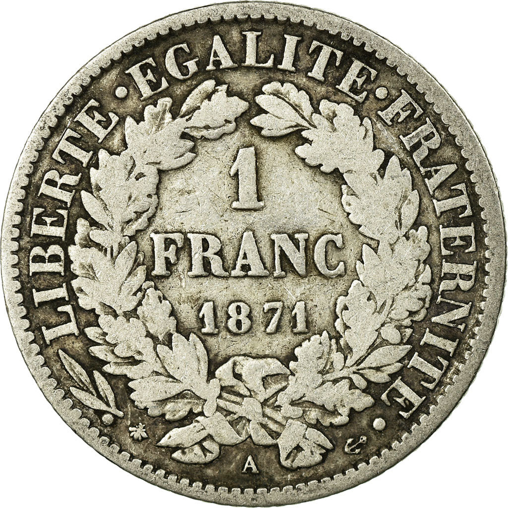 Coin, France, Cérès, Franc, 1871, Paris, VF(20-25), Silver, KM:822.1