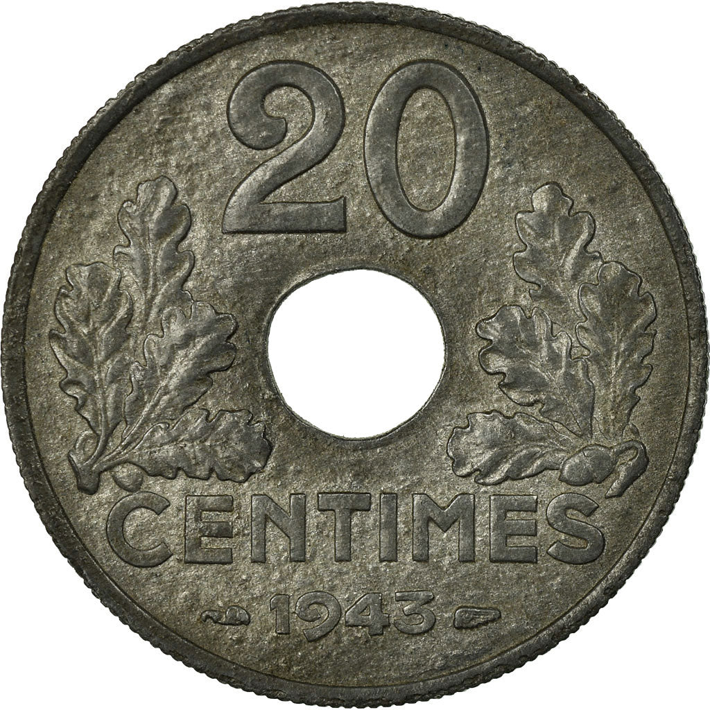Moneta, Francia, État français, 20 Centimes, 1943, Paris, BB, Zinco, KM:900.1