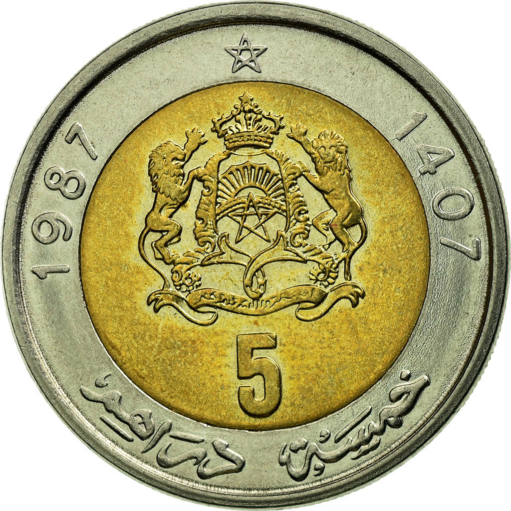 Coin, Morocco, al-Hassan II, 5 Dirhams, 1987/AH1407, Paris, AU(55-58)