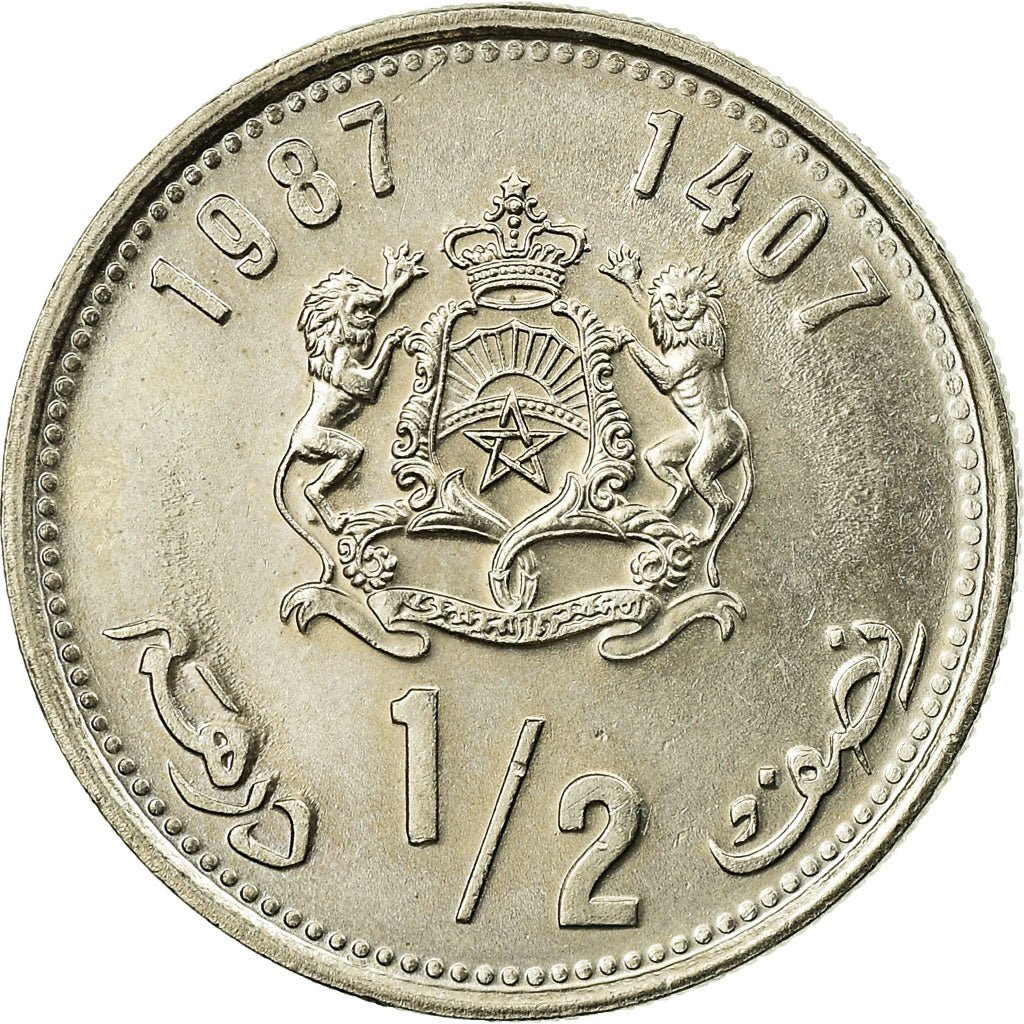 Coin, Morocco, al-Hassan II, 1/2 Dirham, 1987/AH1407, Paris, AU(55-58)