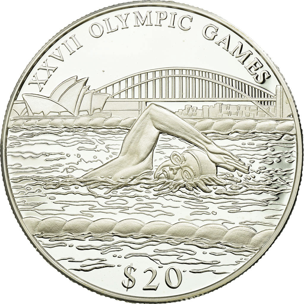 Moneta, Liberia, 20 Dollars, 2000, MS(65-70), Srebro
