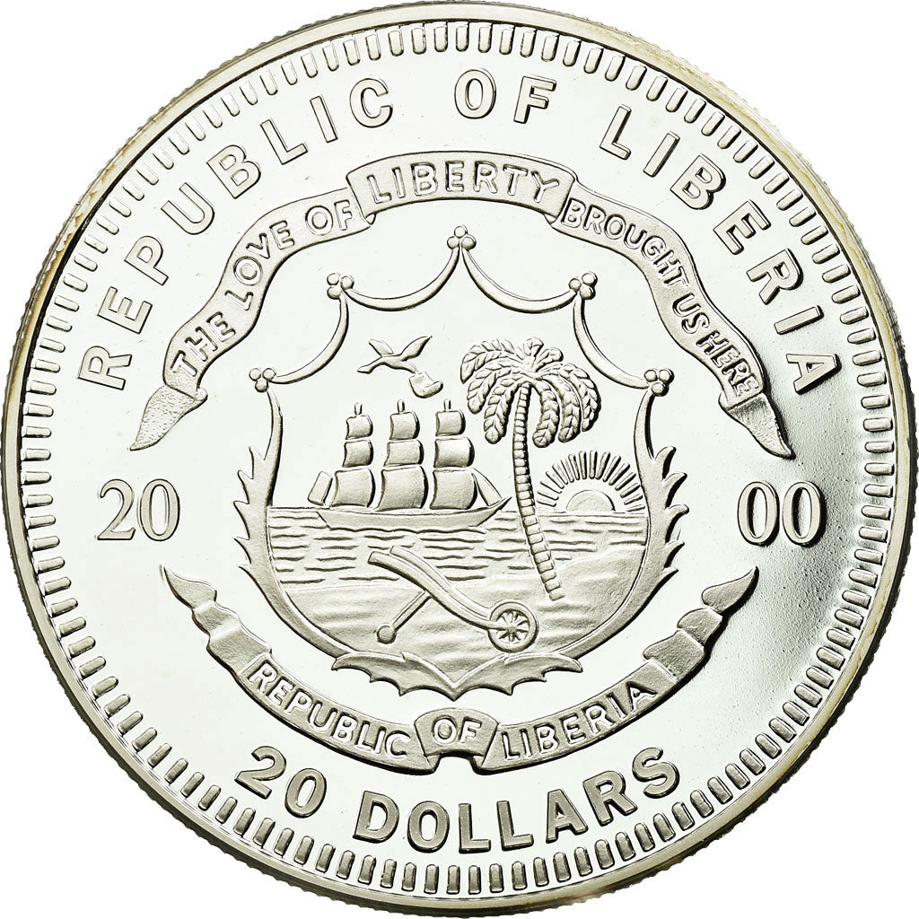 Moneta, Liberia, 20 Dollars, 2000, MS(65-70), Srebro