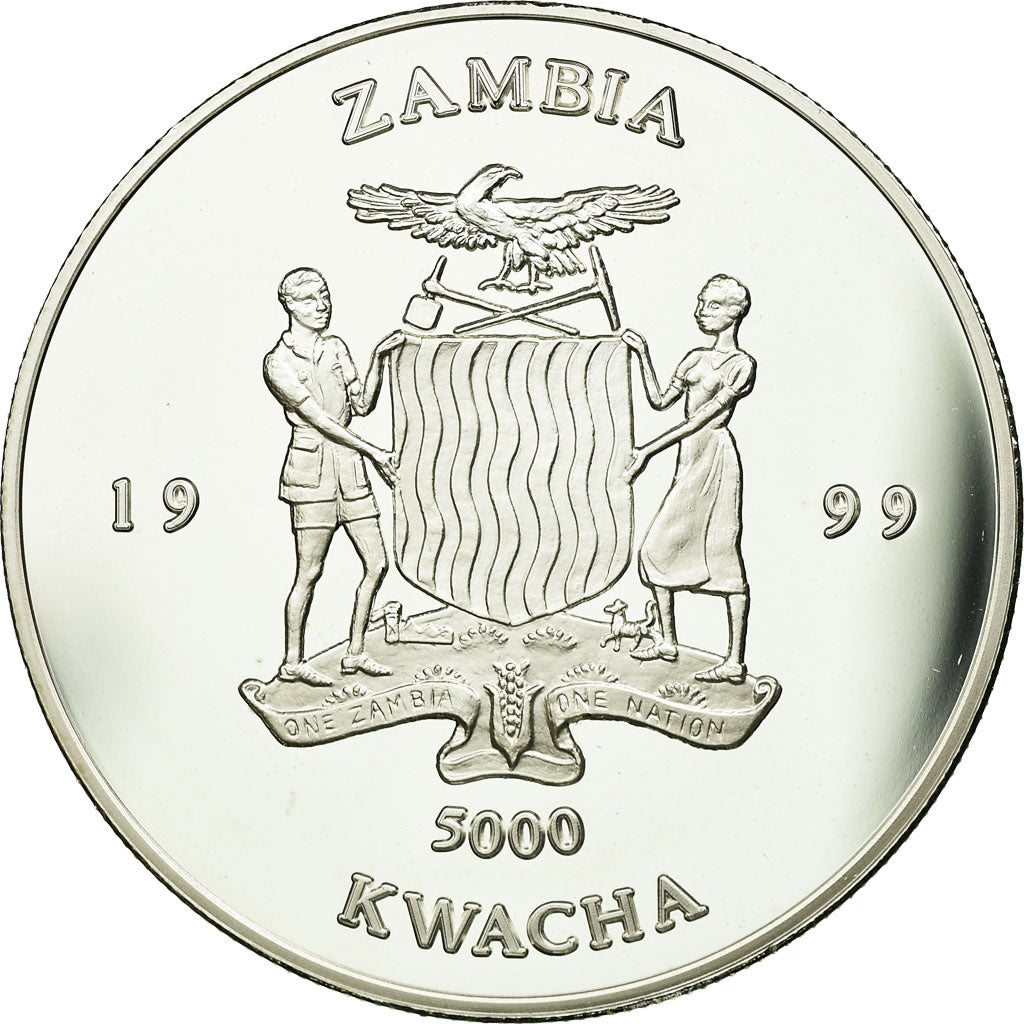 Coin, Zambia, 5000 Kwacha, 1999, British Royal Mint, MS(65-70), Silver, KM:157