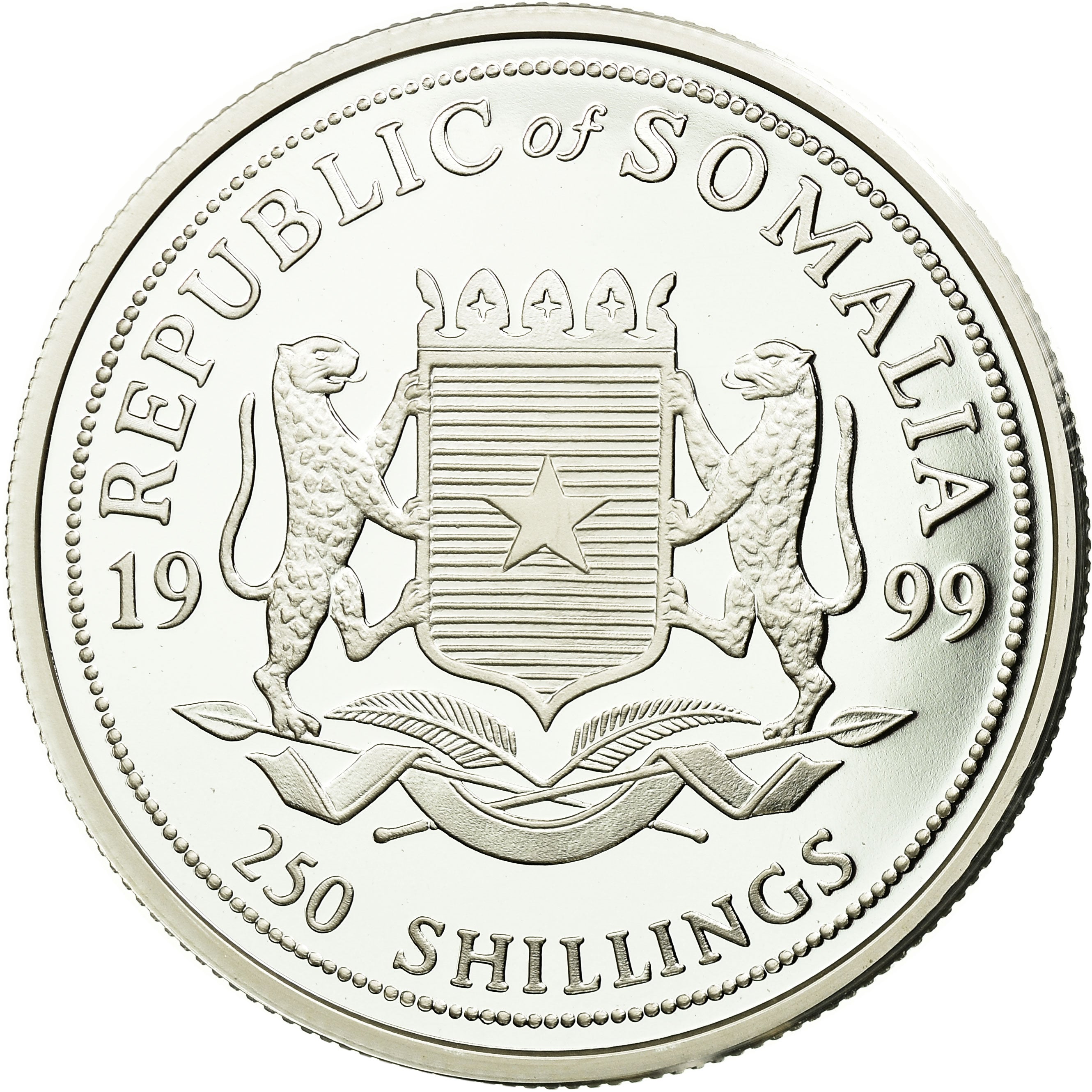 Coin, Somalia, 250 Shillings, 1999, MS(65-70), Silver, KM:105
