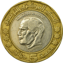 Coin, Tunisia, 5 Dinars, 2002/AH1423, Paris, EF(40-45), Bi-Metallic, KM:350