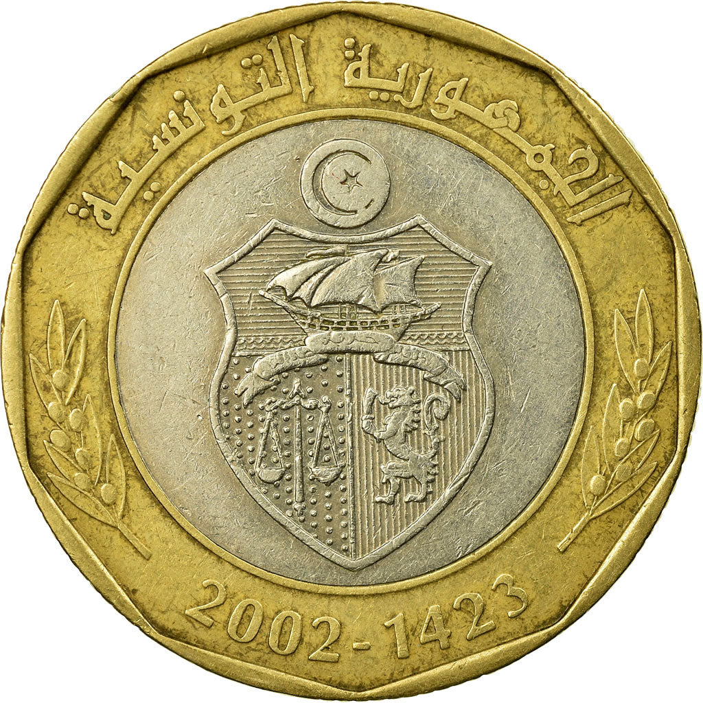 Coin, Tunisia, 5 Dinars, 2002/AH1423, Paris, EF(40-45), Bi-Metallic, KM:350