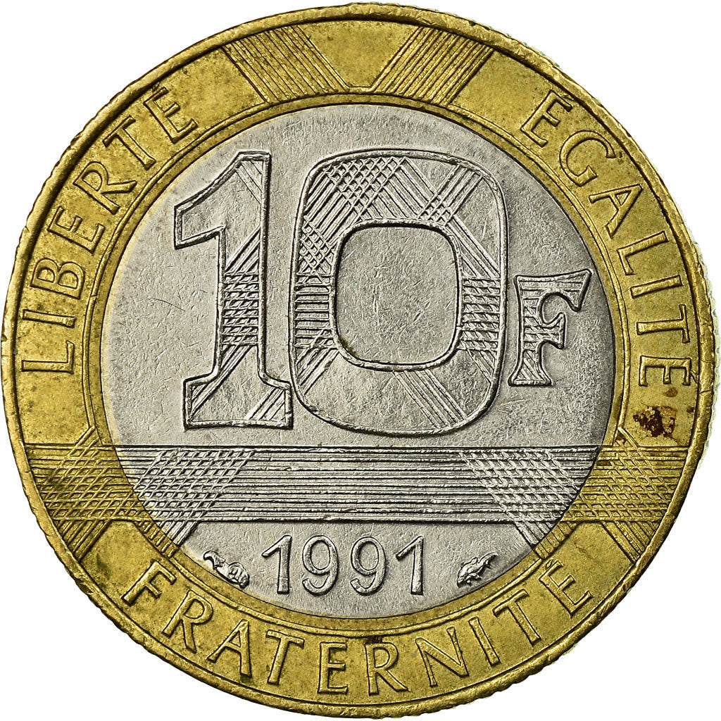 Moneda, Francia, Génie, 10 Francs, 1991, Paris, BC+, Bimetálico, KM:964.1