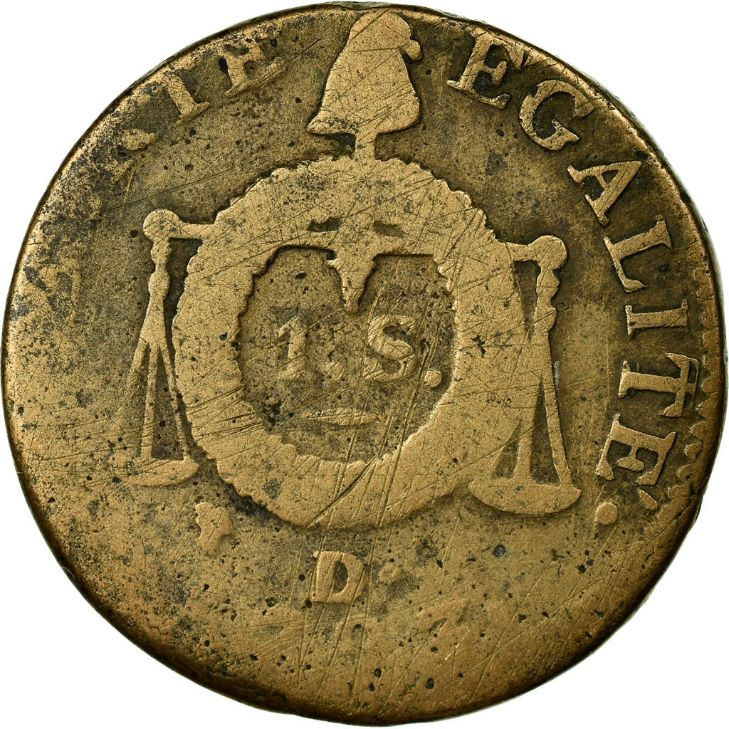 Moneda, Francia, Sol aux Balances, 1793, Dijon, BC, Métal de cloche, Gadoury:19