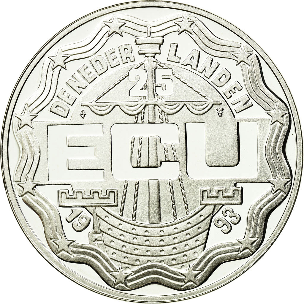 Moeda, Países Baixos, Beatrix, 25 Ecu, 1993, Utrecht, MS(65-70), Prata, KM:71.1