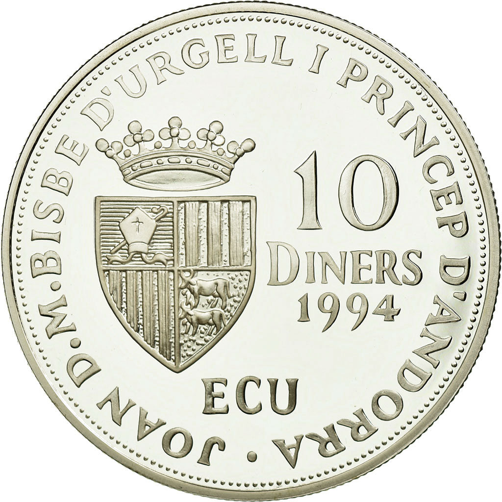 Moneta, Andorra, 10 Diners, 1994, MS(65-70), Srebro, KM:97