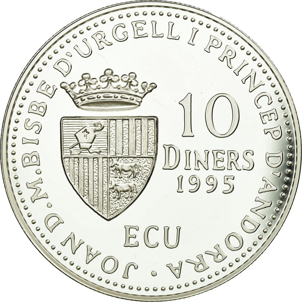 Moeda, Andorra, 10 Diners, 1995, MS(65-70), Prata, KM:114