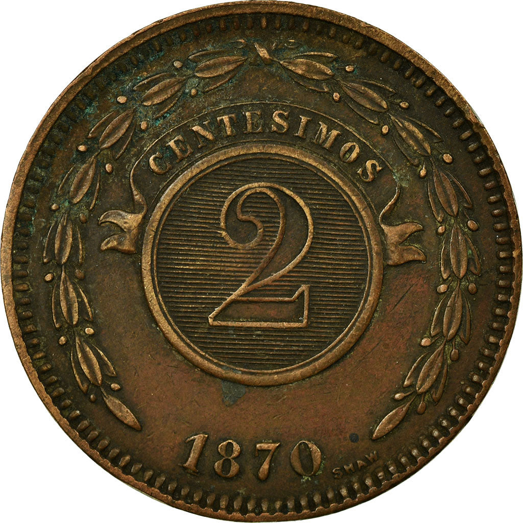 Moeda, Paraguai, 2 Centesimos, 1870, EF(40-45), Cobre, KM:3