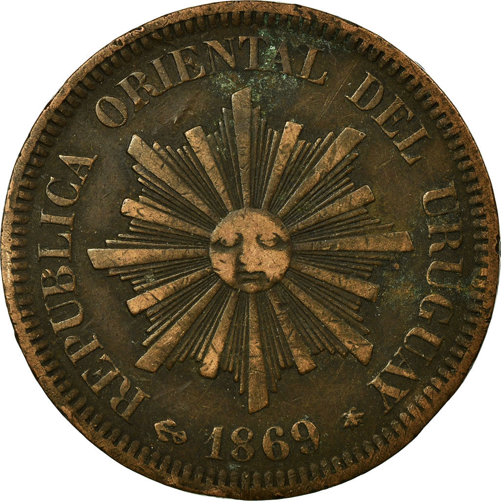 Coin, Uruguay, 2 Centesimos, 1869, Uruguay Mint, Birmingham, VF(30-35), Bronze