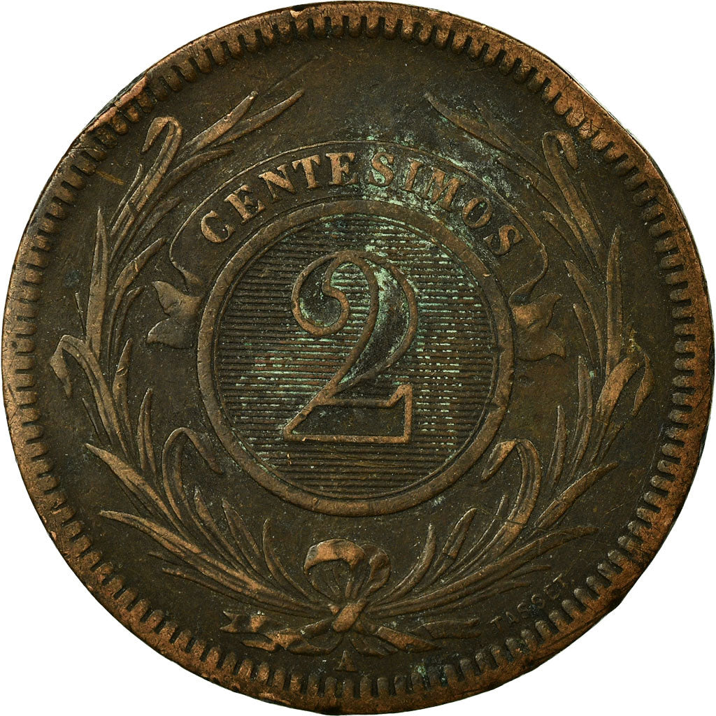 Coin, Uruguay, 2 Centesimos, 1869, Uruguay Mint, Birmingham, VF(30-35), Bronze
