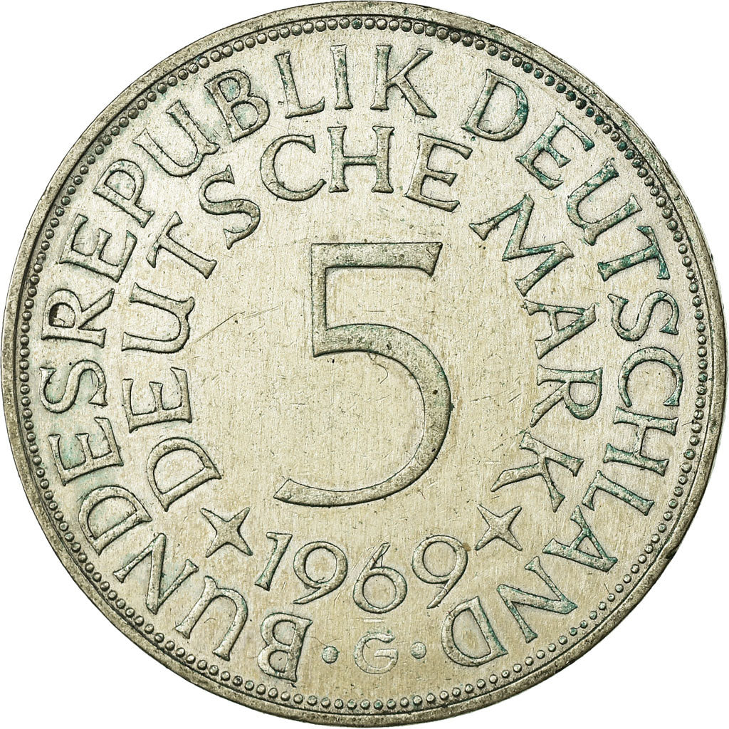 Coin, GERMANY - FEDERAL REPUBLIC, 5 Mark, 1969, Karlsruhe, EF(40-45), Silver