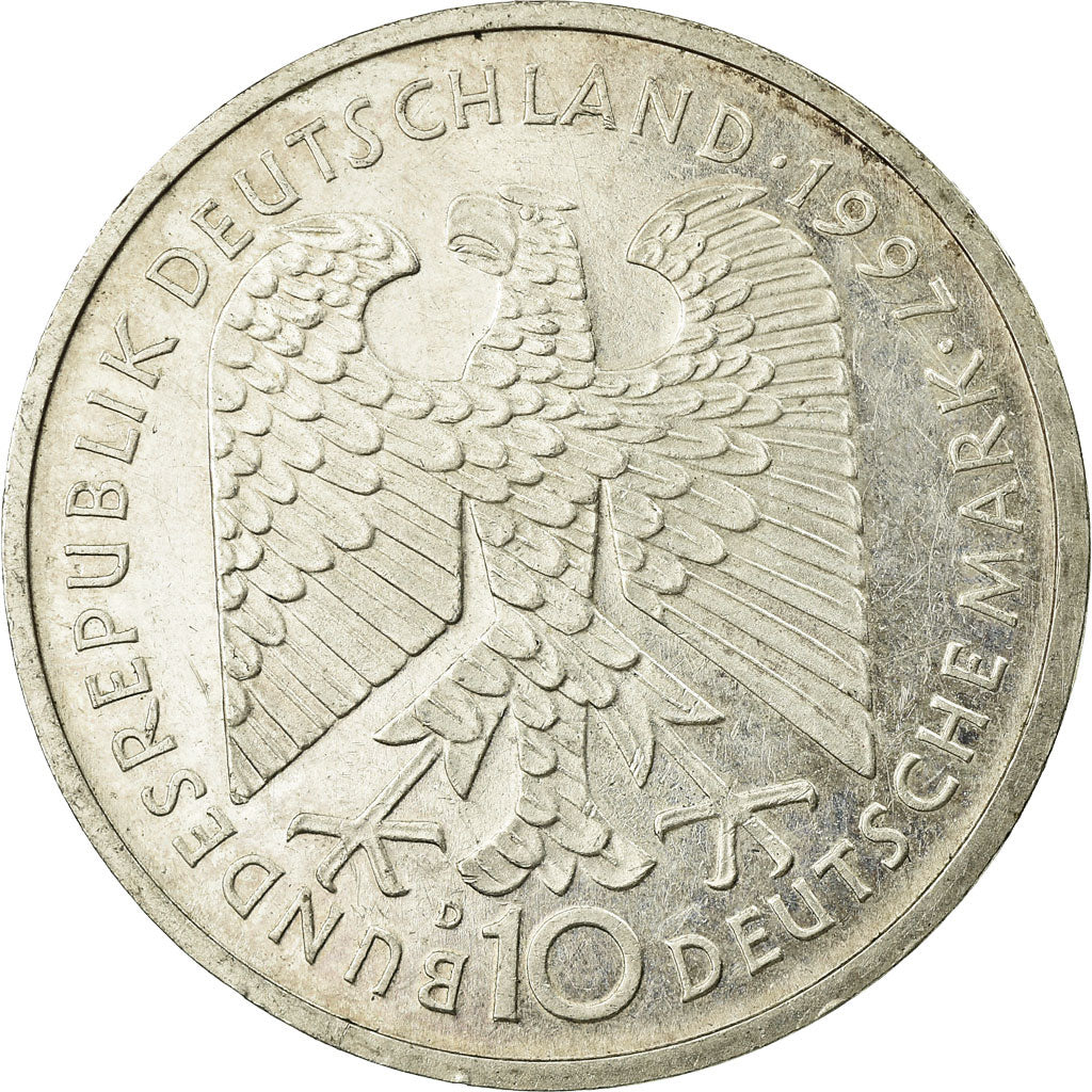 Coin, GERMANY - FEDERAL REPUBLIC, 10 Mark, 1997, Munich, EF(40-45), Silver