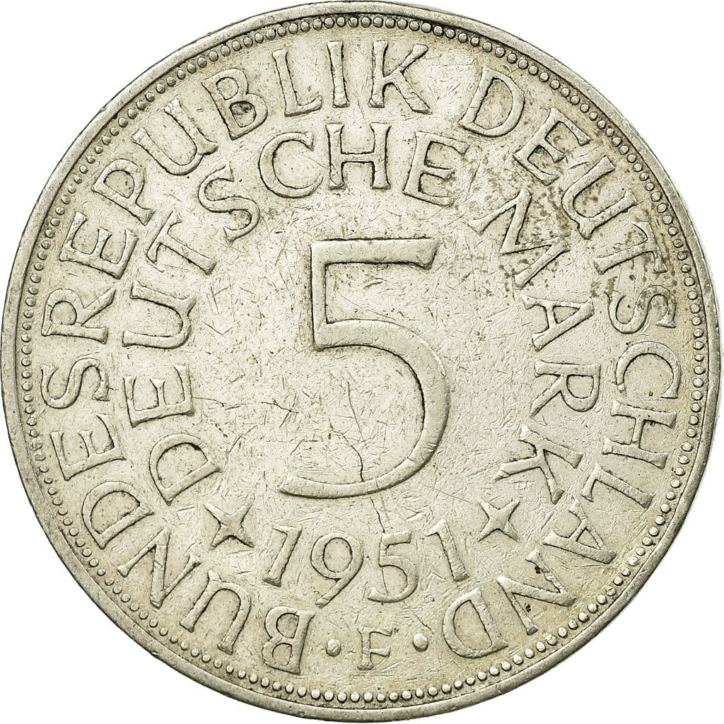 Moneta, GERMANIA - REPUBBLICA FEDERALE, 5 Mark, 1951, Stuttgart, MB+, Argento