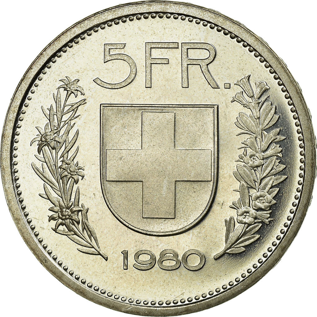 Coin, Switzerland, 5 Francs, 1980, Bern, MS(65-70), Copper-nickel, KM:40a.1