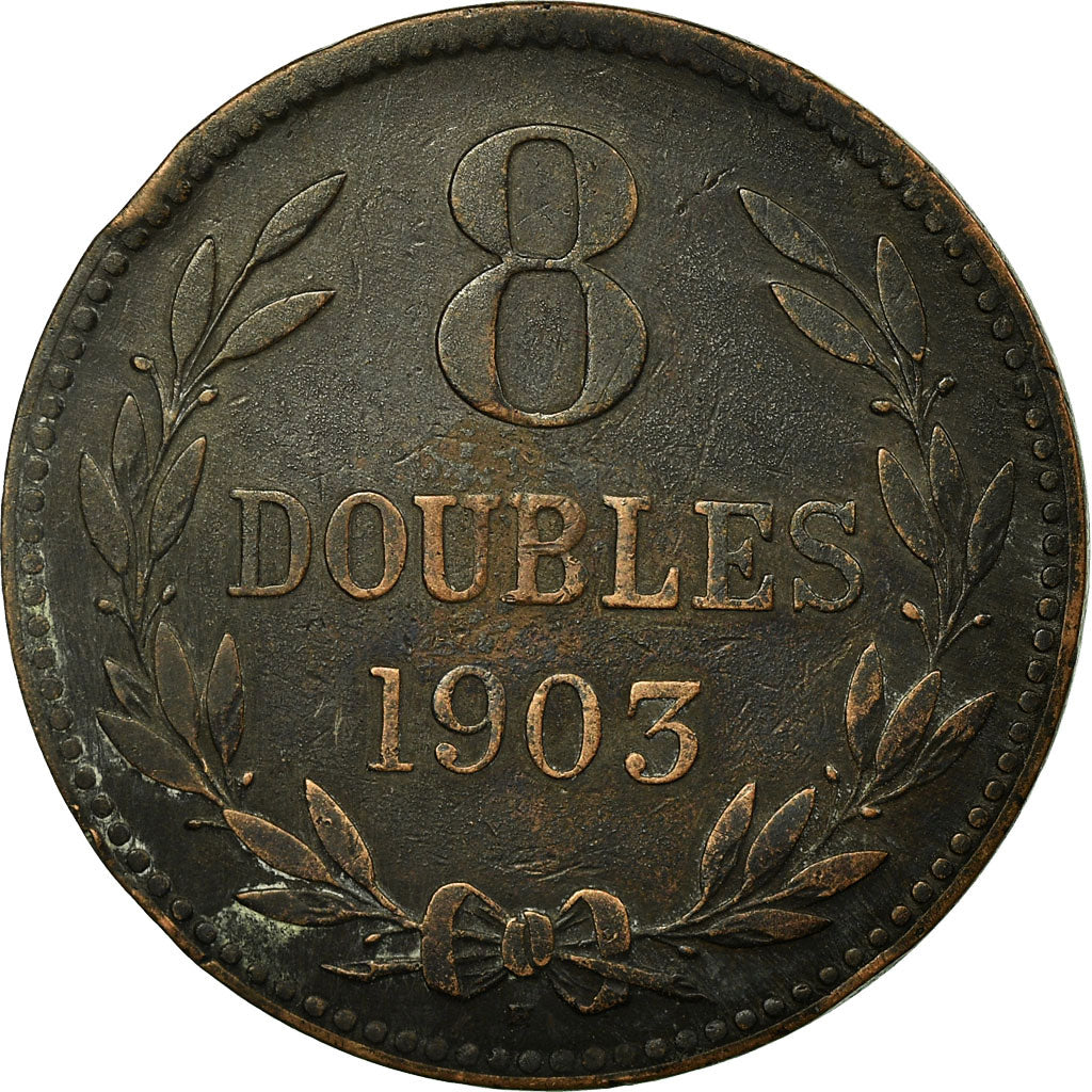 Coin, Guernsey, 8 Doubles, 1903, Heaton, Birmingham, EF(40-45), Bronze, KM:7