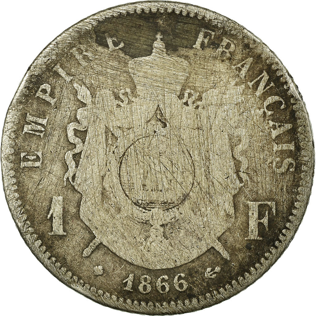 Moeda, França, Napoleon III, Napoléon III, Franc, 1866, Strasbourg, VG(8-10)