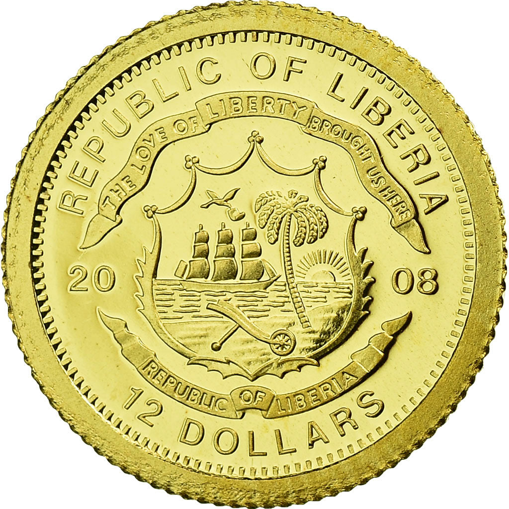 Moneta, Liberia, 12 Dollars, 2008, MS(65-70), Złoto, KM:New