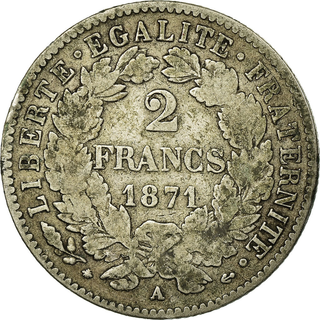 Munten, Frankrijk, Cérès, 2 Francs, 1871, Paris, ZG+, Zilver, KM:817.1