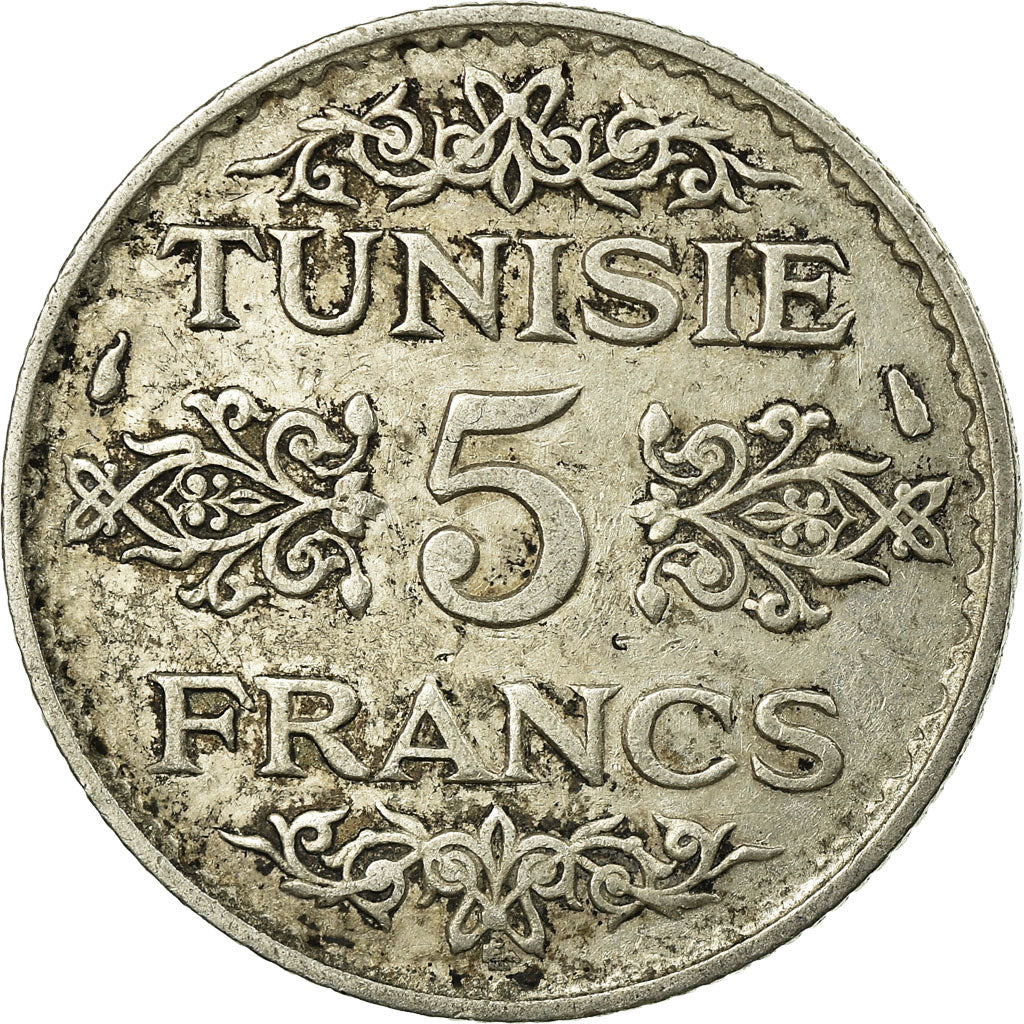Coin, Tunisia, Ahmad Pasha Bey, 5 Francs, 1936/AH1355, Paris, VF(30-35), Silver