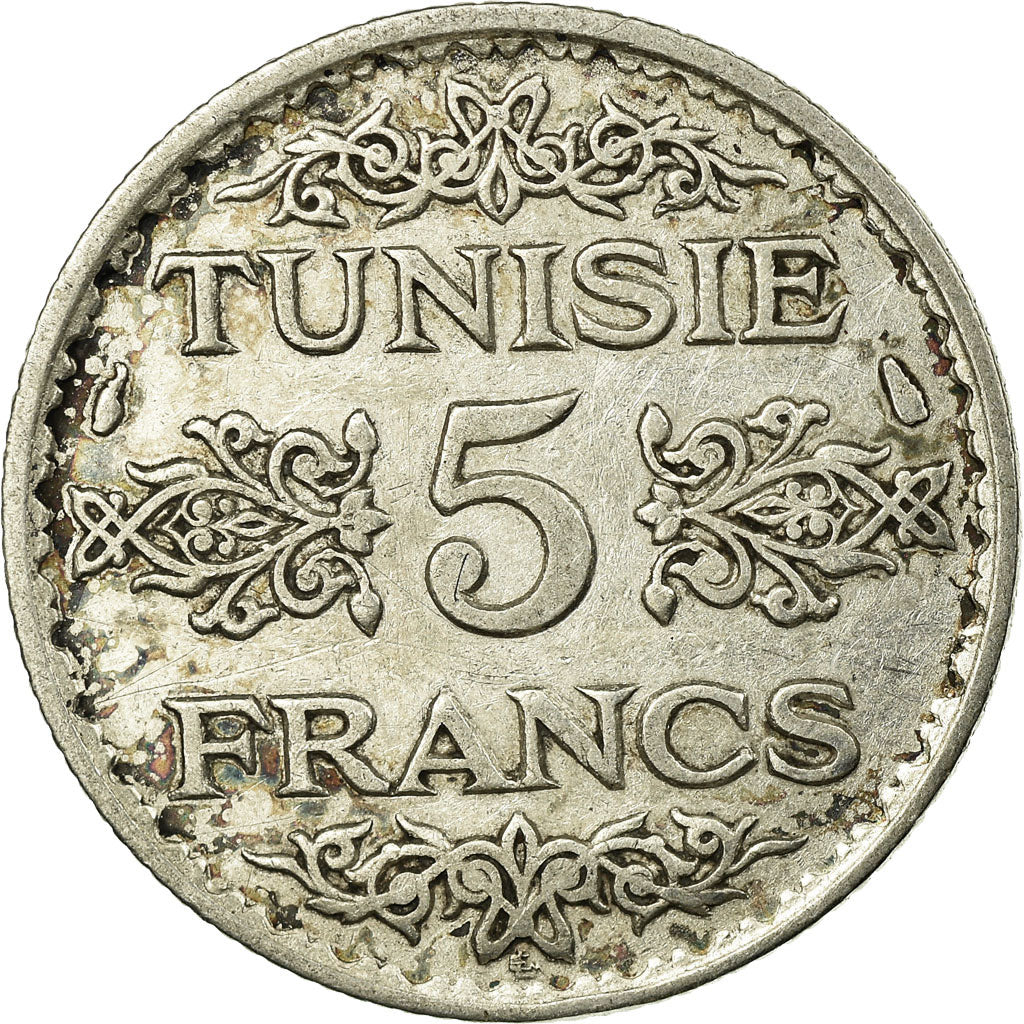 Coin, Tunisia, Ahmad Pasha Bey, 5 Francs, 1936/AH1355, Paris, VF(30-35), Silver