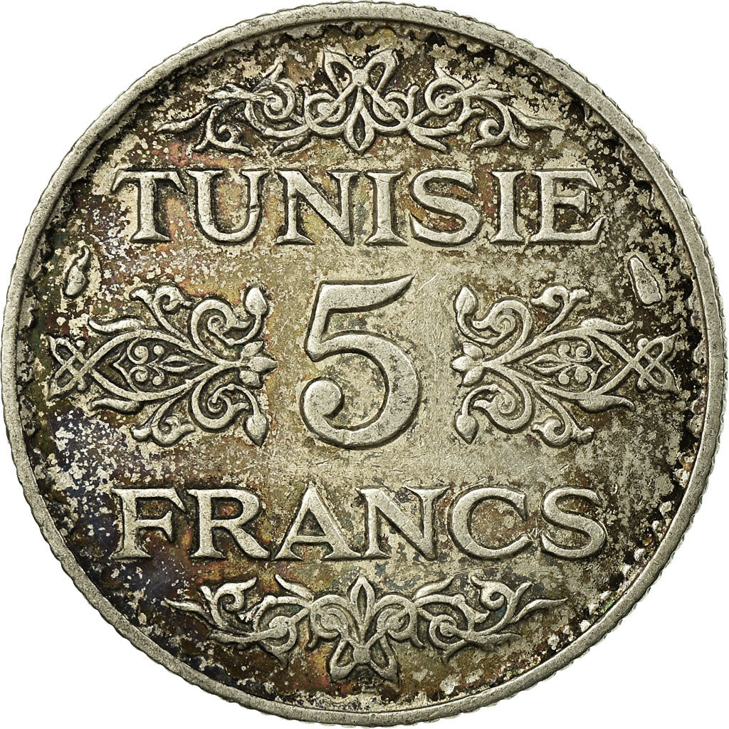 Coin, Tunisia, Ahmad Pasha Bey, 5 Francs, 1936/AH1355, Paris, EF(40-45), Silver