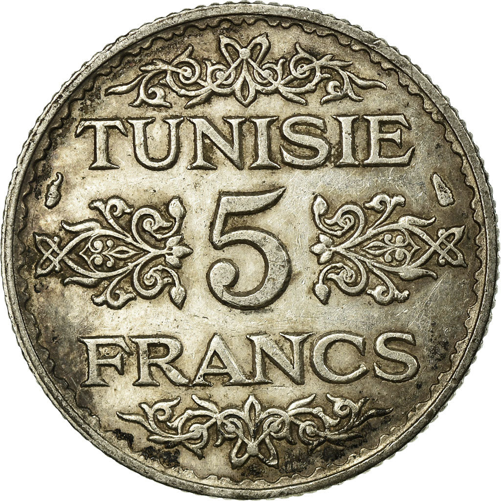 Coin, Tunisia, Ahmad Pasha Bey, 5 Francs, 1936/AH1355, Paris, EF(40-45), Silver