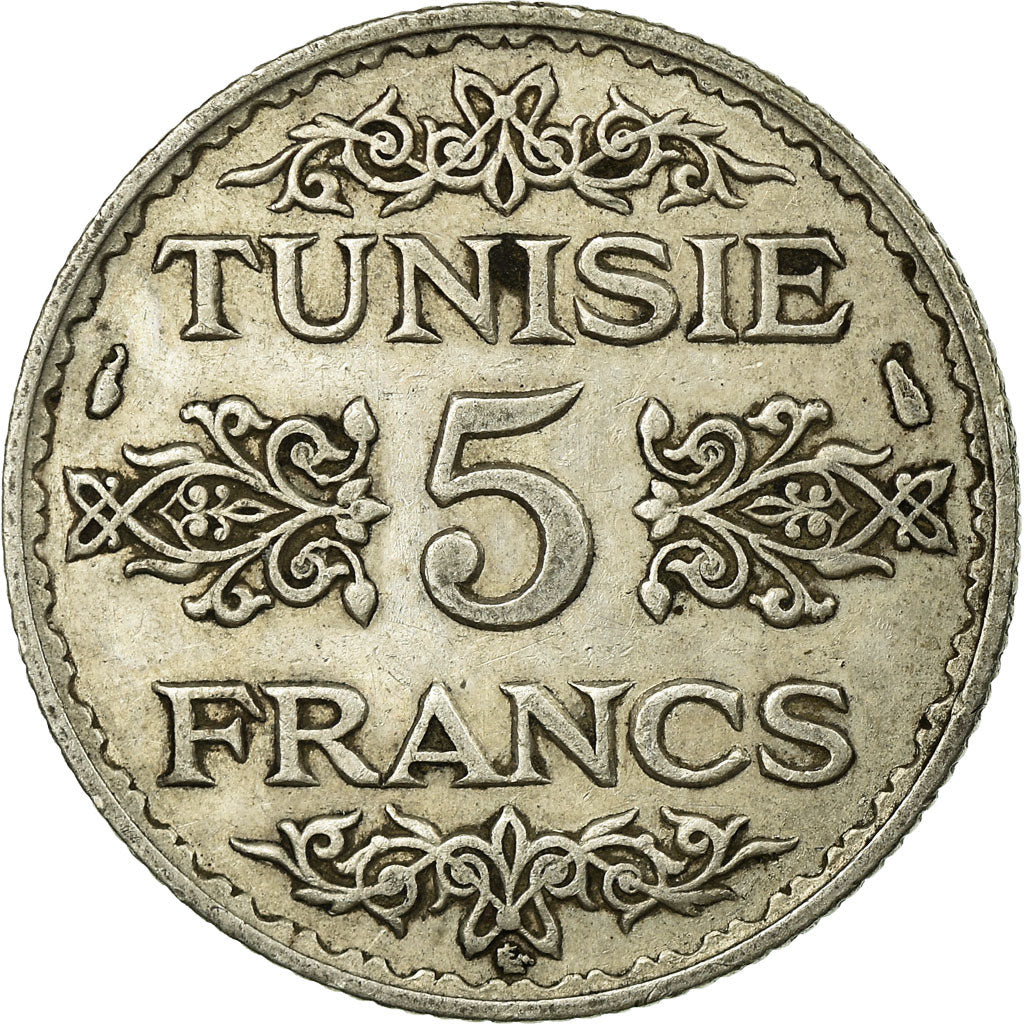 Coin, Tunisia, Ahmad Pasha Bey, 5 Francs, 1936/AH1355, Paris, EF(40-45), Silver