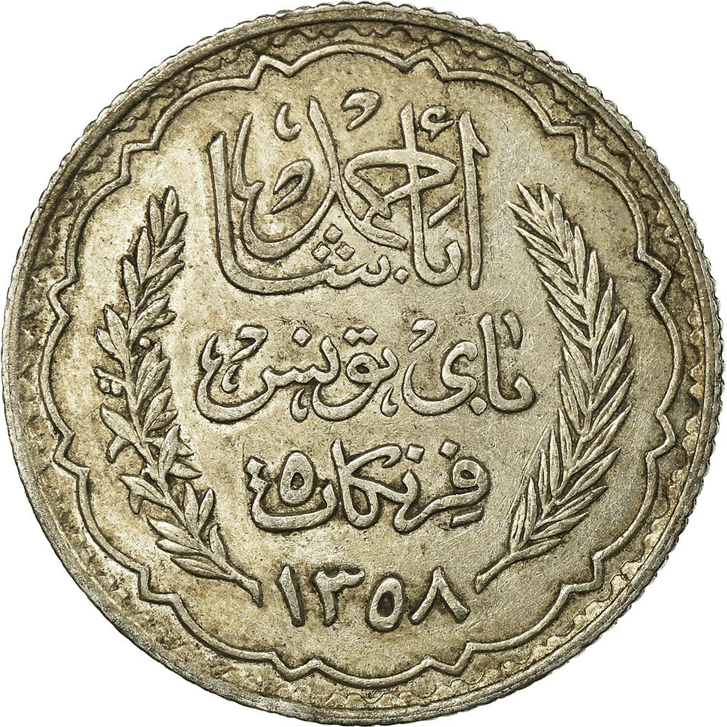 Munten, Tunisië, Ahmad Pasha Bey, 5 Francs, AH 1358/1939, Paris, FR+, Zilver
