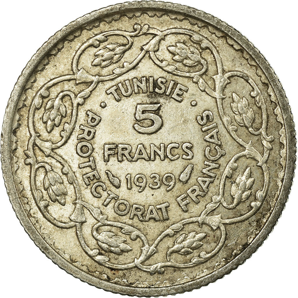 Munten, Tunisië, Ahmad Pasha Bey, 5 Francs, AH 1358/1939, Paris, FR+, Zilver