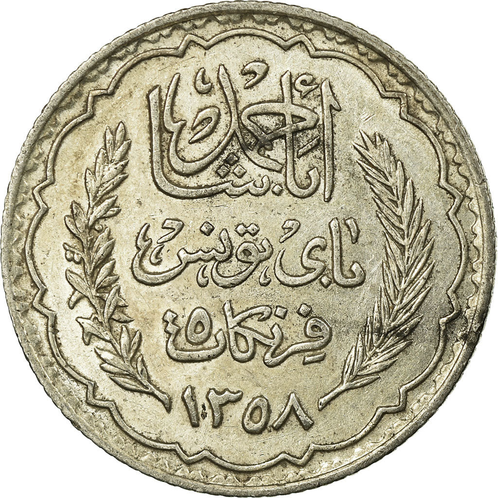 Moneta, Tunisia, Ahmad Pasha Bey, 5 Francs, AH 1358/1939, Paris, EF(40-45)