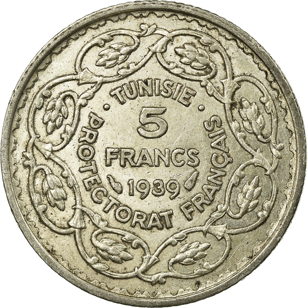 Moneta, Tunisia, Ahmad Pasha Bey, 5 Francs, AH 1358/1939, Paris, EF(40-45)
