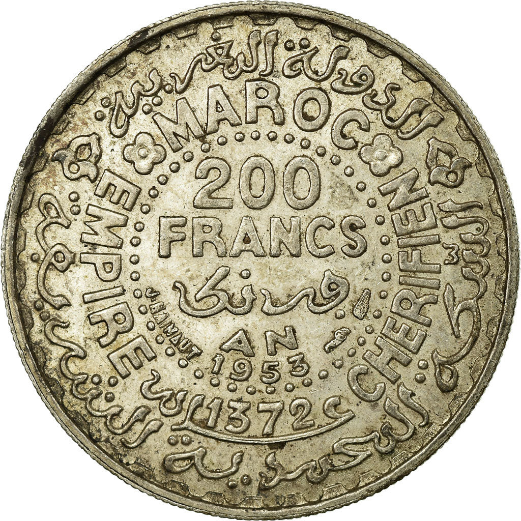Coin, Morocco, Mohammed V, 200 Francs, 1953, Paris, VF(30-35), Silver, KM:53