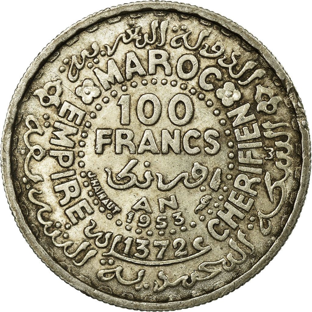 Moneda, Marruecos, Mohammed V, 100 Francs, AH 1372/1953, Paris, BC+, Plata
