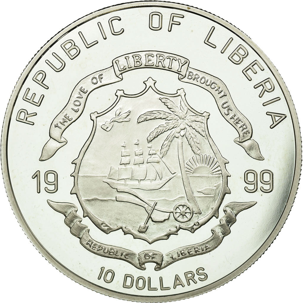 Moneta, Liberia, 10 Dollars, 1999, AU(55-58), Srebro
