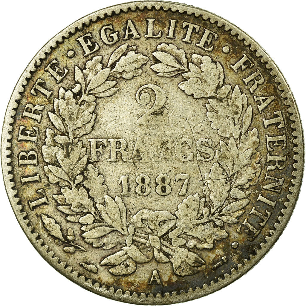 Moeda, França, Cérès, 2 Francs, 1887, Paris, VF(20-25), Prata, KM:817.1