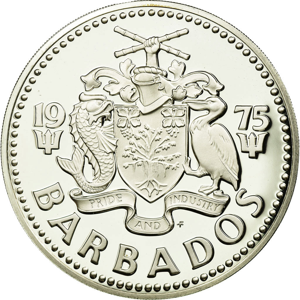 Coin, Barbados, 10 Dollars, 1975, Franklin Mint, MS(65-70), Silver, KM:17a