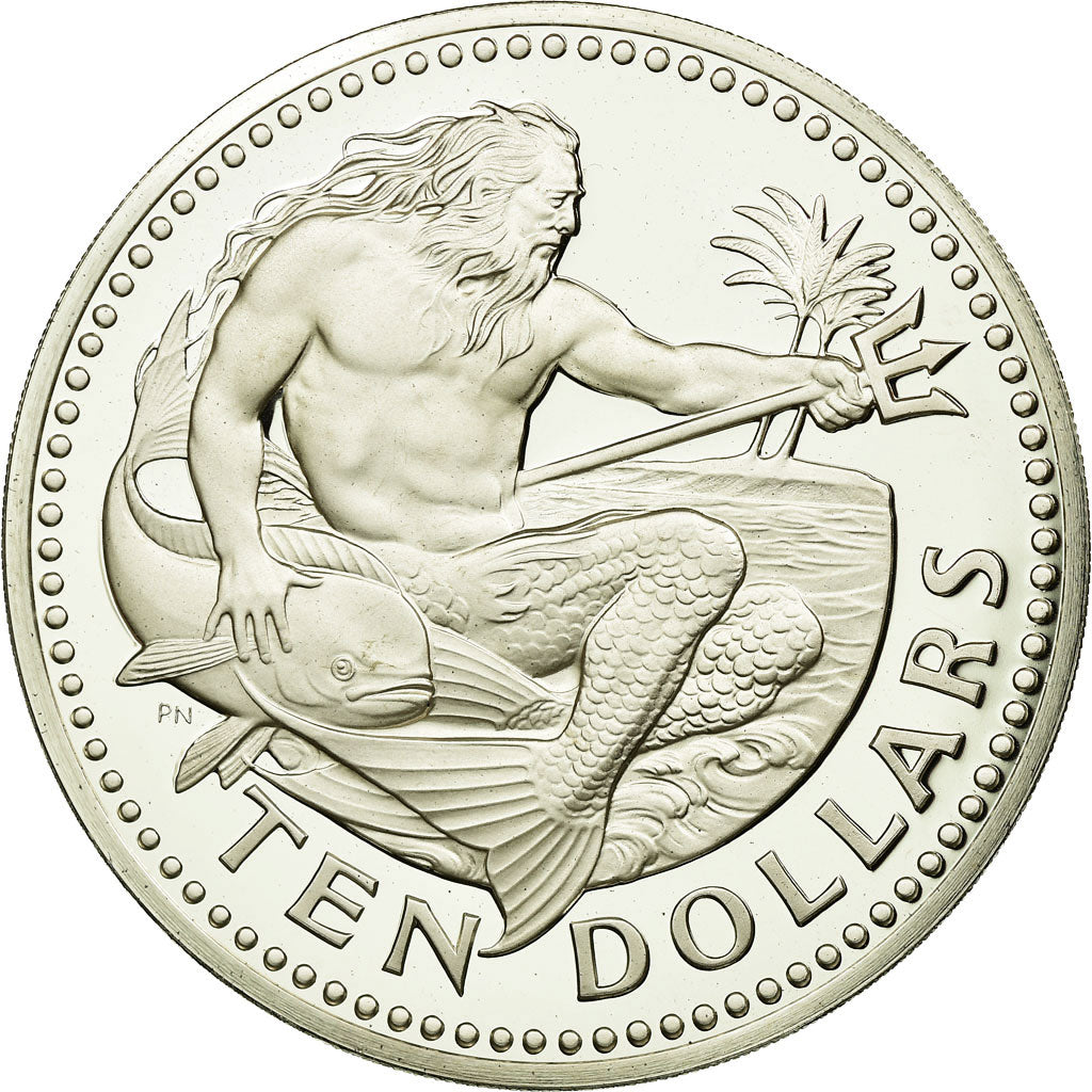 Coin, Barbados, 10 Dollars, 1975, Franklin Mint, MS(65-70), Silver, KM:17a