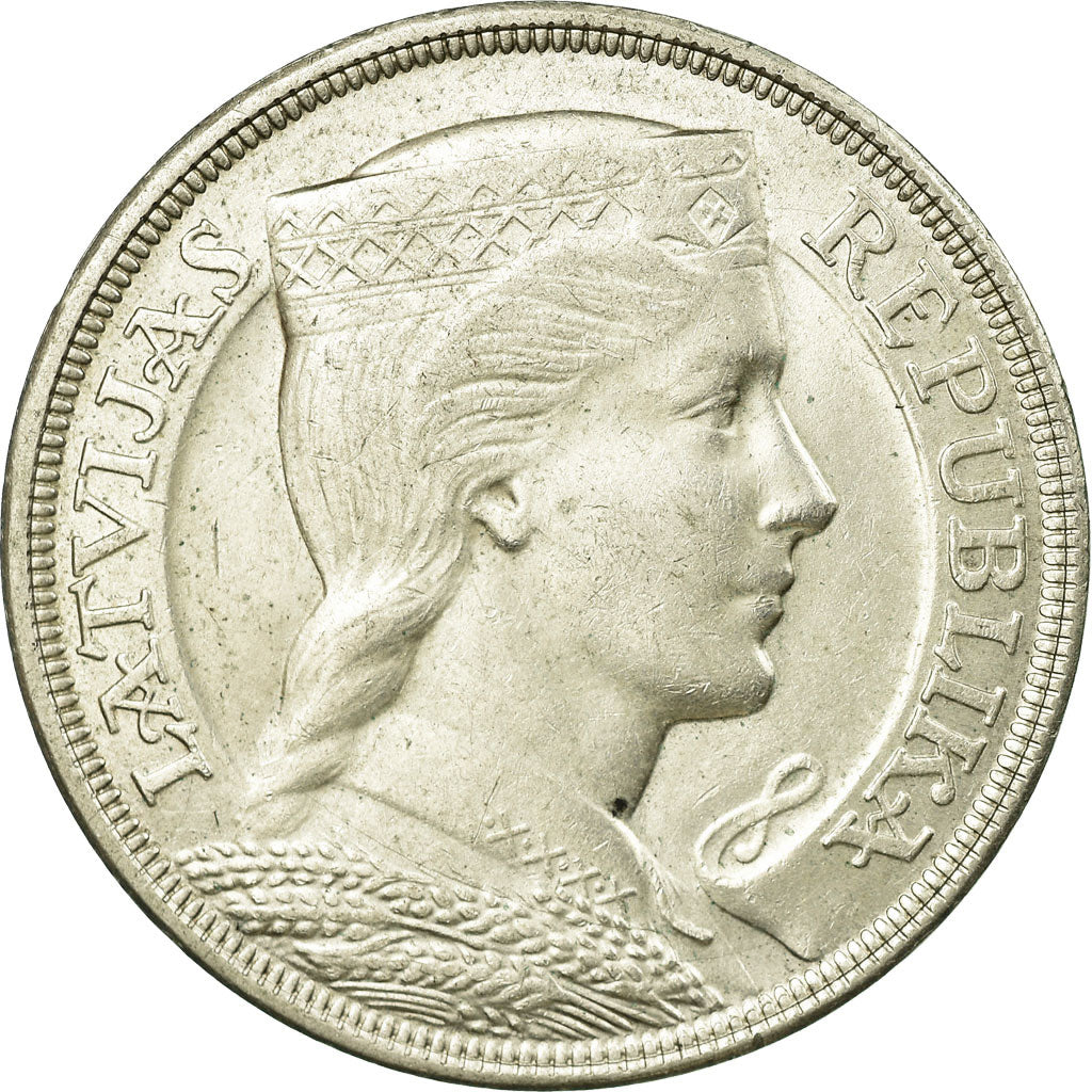 Moneta, Łotwa, 5 Lati, 1929, AU(55-58), Srebro, KM:9
